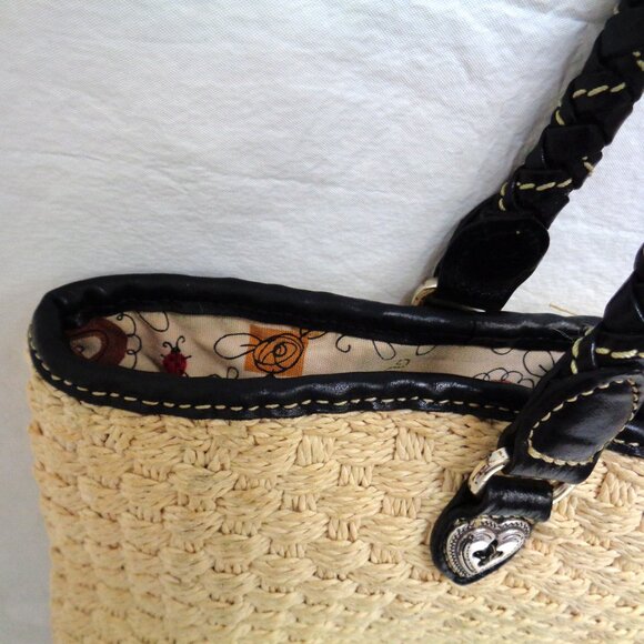 Brighton Straw and Black Leather Braided Handles Shoulder Bag Purse - Picture 7 of 12